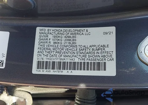 2021 Honda Accord Lx из США, поврежденный, VIN 1HGCV1F19MA111443